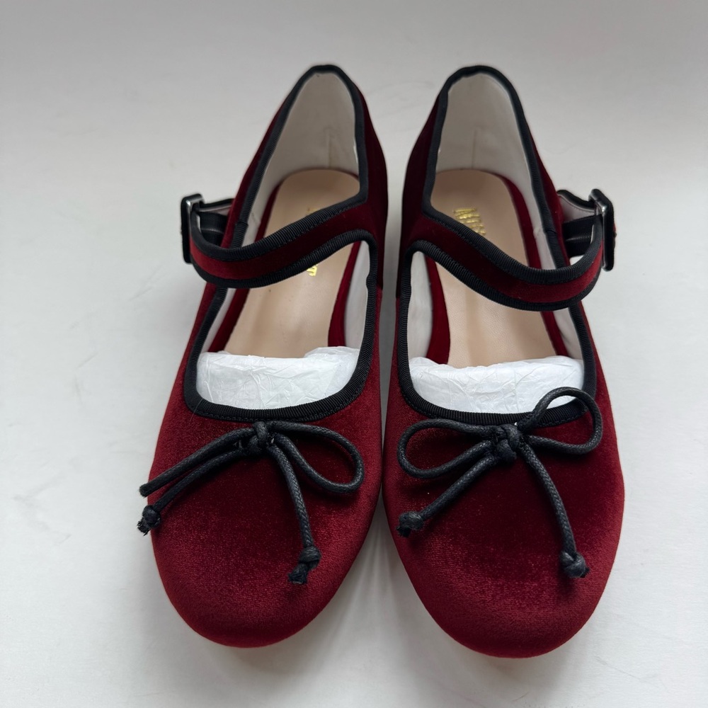 Size 7.5 Flats Miss Left Women Bowknot Ankle Strap Classic Ballet Flats Burgundy